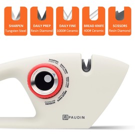 PAUDIN Knife Sharpener, Kitchen Knife Sharpener, 5 Stage Knife Sharpeners for Kitchen Knives, Pocket, Serrated Knives & Scissors, Blade Sharpening, Honing & Polishing Tool, White