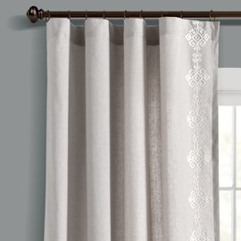Lush Decor Luxury Modern Geo Linen Like Embroidery Border Window Curtain Single Panel, 52" W x 84" L, Light Gray