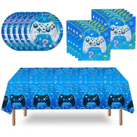 WERNNSAI Video Game Party Supplies Set - Gaming Party Decoration Game Party Plates Napkins Tablecloth for Kids Boys Birthday Party Gamer Night Activity Serves 16 Guests