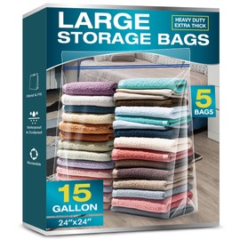 15 Gallon Large Storage Bags, 3.5 Mil Thick Clear Plastic Zipper Bags with Handles, 24" x 24" Large Heavy Duty for Home, Travel, and Moving (5 Packs)
