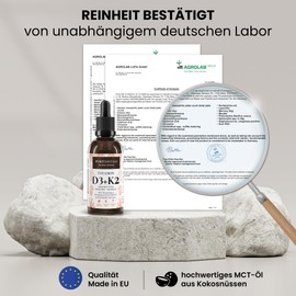 Puretanicals Vitamin D3+K2 Tropfen (50ml) - 1000 IE Vitamin D3 & 40 μg K2 pro Tropfen hochdosiert - Langzeitvorrat 1700 Tropfen - in MCT-Öl aus Kokos, Cholecalciferol flüssig, ohne Zusätze hergestellt