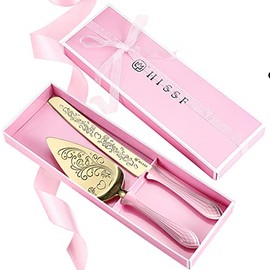 HISSF Cake Knife and Server Set , Stainless Steel Hollow handle,Gold and Pink Cake Pie Pastry Servers, Sweet Love Cake Serving Set Perfect For Wedding, Birthday, Parties and Events