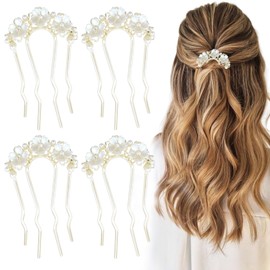 4 PACK Flowers Twist Hair Pins, Vintage Hair Fork Clips, 4 Prong Flowers U Shaped Hair Side Combs, for Wedding Party Holiday Daily