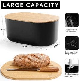 HouseJoy Large Bread Box for Kitchen Countertop,Fiber Bread Box With Cutting Board Lid,Black Bread Storage for Homemade Container,Corner Bread Holder for Toast Bagel Donut Cookies