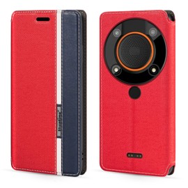 Shantime Classic Stripes Faux Leather Flip Case Compatible with AGM Glory Qualcomm 5G, Invisible Magnetic Cover with Card Slot, Contrast Color Design(Red)