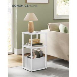 SONGMICS HOME Side Table, 3-Tier Nightstand with Storage, End Table with Fabric Basket, for Bedroom, Living Room, Steel Frame, Superfast Toolless Assembly, Modern, Snow White ULET286W01