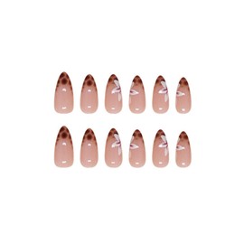 SINHOT Medium Press on Nails Almond Fake Nails Glossy Glue on Nails Leopard Print Acrylic Nails White Flower Stiletto Artificial Nails French Tip Stick on False Nails with Design 24 pcs
