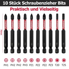 Folzirt 10 Pieces 75 mm Long Magnetic Screwdriver Bit Set for Impact Wrench, Ph1-3/Pz1-3/T20/T25 S2 Steel Impact Cordless Screwdriver Bit Set, Magnetic Screwdriver with a Strong Carabiner