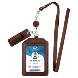 Boshiho ID Card Holder, Genuine Leather, Card Case with Reel, Vertical, Neck Hanging, Double-Sided, Name Holder, Commuter Holder, Employee ID Card Storage, Pen Holder, Key Holder, Neck Strap, Stylish,