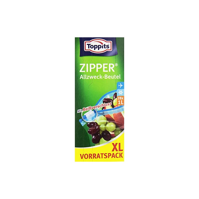 Toppits Zipper, 1 Litre, XL Storage Pack, Zipper, Clear, 28
