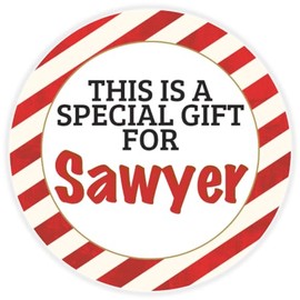 This is a Gift for Sawyer - 3 Pack Circle Stickers 3 Inch - Candy Cane Merry Christmas Gift Tag Present Tree Holiday Custom Name Santa Claus