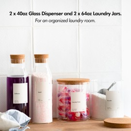 KIVY Glass Detergent Dispenser Container (2x 40oz + 2x 64oz) Glass jars for Laundry Room Organization Decor - Laundry soap dispenser for liquid detergent dispenser - Softener dispenser glass jar
