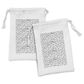 Ambesonne Brick Wall Fabric Pouch Set of 2, Black and White Hand-drawn Stonewall Design Urban Architecture City Theme, Small Drawstring Bag for Toiletries Masks and Favors, 9" x 6", Black and White