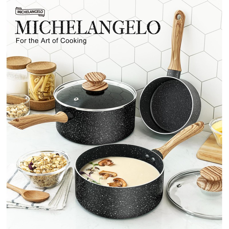MICHELANGELO Saucepan Set, Nonstick Sauce Pans with Granite Coatings, Stone