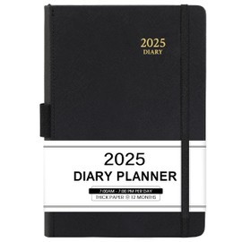 2025 Diary - 2025 Diary A5 Page a Day with Monthly Tabs, A5 Diary 2025 Day Per Page, from January 2025 to December 2025, Faux Leather Cover, Black