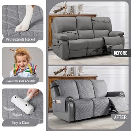 TAOCOCO 100% Waterproof Recliner Cover, Non-Slip Washable Reclining Couch Cover with Elastic Leg Straps, Furniture Protector for Dogs (Light Gray, 3 Seater)