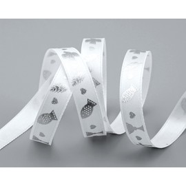 20 m x 15 mm Decorative Ribbon Communion Fish Dove Cross White Silver Ribbon Gift Ribbon Satin without Wire Hearts Confirmation Ribbon with Pattern Decorative Satin Ribbon Shiny