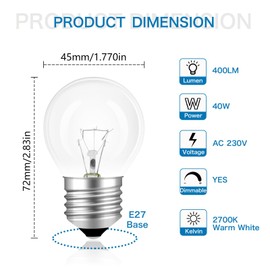 SCNNC Oven Lamp E27 300 Degree Heat Resistant 230 V Oven G45 Dimmable, 400 LM Warm White 2700 K, 45 mm Globe Clear Oven Lamp E27 G45 for Oven, Lava Lamp, Microwaves, Pack of 5