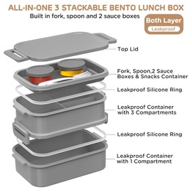 DaCool 2 Pack Adults Lunchbox Bento Box 74 OZ Stackable Lunch Box for Kids Adults Men Women Teens Leakproof Bento Large Lunch Box Container with Fork Spoon Sauce Box for School Work,Grey,Morandi-Green