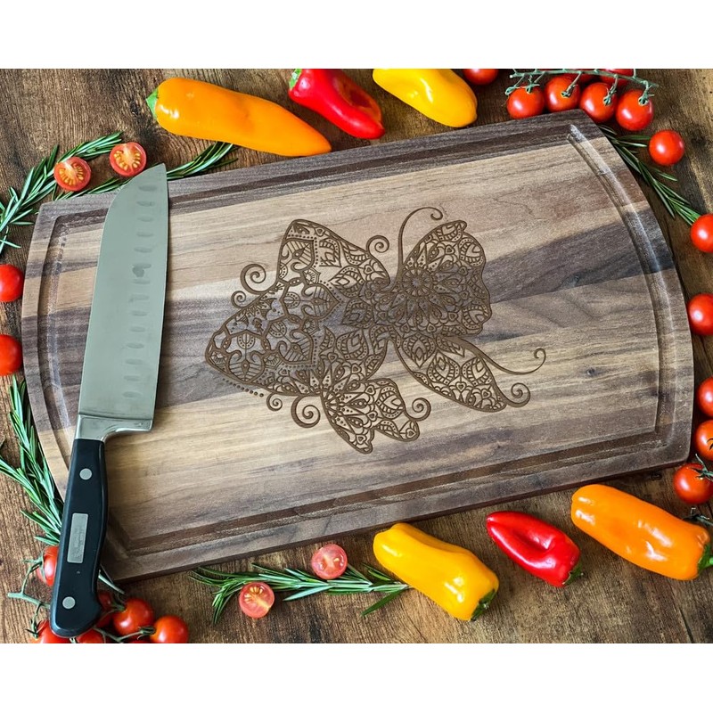 Patterned Butterfly Walnut Cutting Board, 16.75x10 in: Nature-Inspired, Ideal for