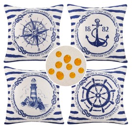 Pack of 4 Waterproof Cushion Covers Mediterranean Sea 45 x 45 cm Anchor Lighthouse Compass Rudder Navigation Cushion Cover Cotton Linen Soft Square Decorative Cushion Covers for Couch Car Home