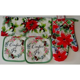 Christmas House Kitchen Towel Poinsettia Comfort & Joy Holiday 4 Piece Set