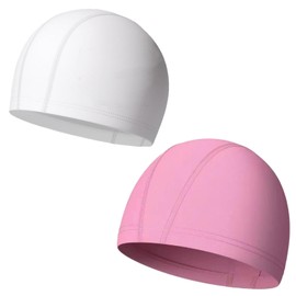 2 Pcs Elastic & Lightweight Kids Swimming Cap - Comfortable Fabric Swimming Hats for Women, Men & Adults - Pink & White