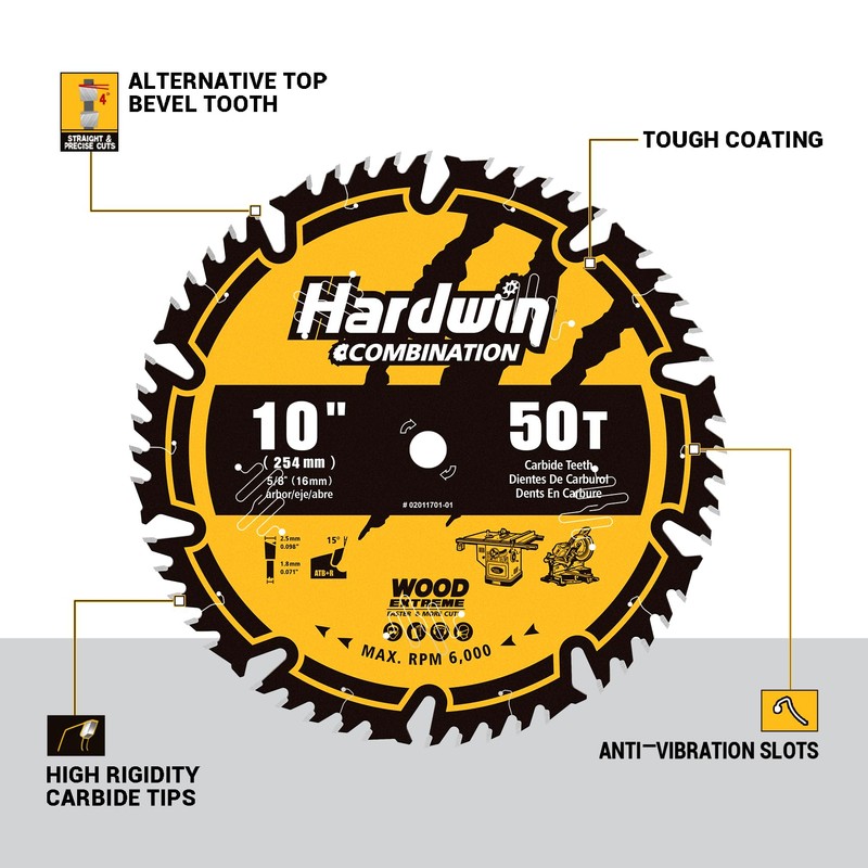 Hardwin 10-Inch 50-Teeth ATB Circular Saw Blade with 5/8 Inch