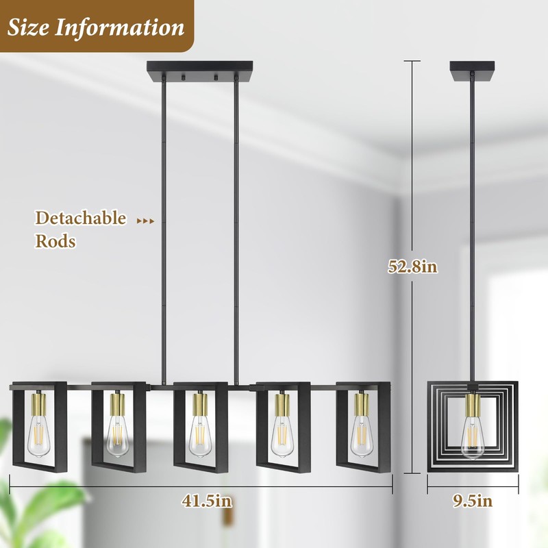 5-Light Black Gold Dining Room Light Fixture, 53’’ Farmhouse Wood