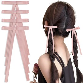 Hotalisona Pink Hair Bows for Women Girls, Pink Tassel Ribbon Bow Hair Clips Barrettes Solid Satin Cute Hair Accessories