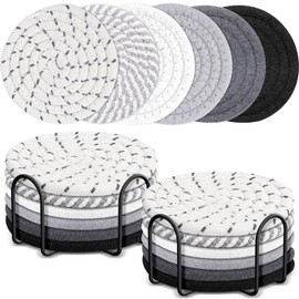 Mckanti 12 Pcs Drink Coasters with Holder, 6 Colors Absorbent Coasters for Drinks Minimalist Coaster for Coffee, Cotton Woven Coaster Set for Home Decor Tabletop Protection Housewarming Gift, 4.3 Inch