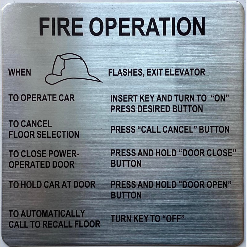 FIRE OPERATION SIGN FOR ELEVATOR (Brush Silver Aluminum, SIZE6X6INCH, DOUBLE