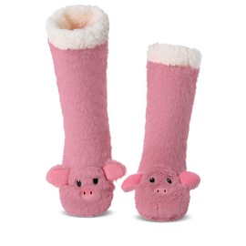 Laahoem Animal Slipper Socks for Girls Women Indoor Shoes With Grippers Winter Warm Thick Plush Lining Non Slip Long Boots Furry Home Socks Pink Pig