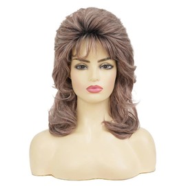 Brown Curly 80s Wigs for Women 1970s Mullet Wig with Bangs Shoulder Length Vintage Synthetic Fibre Hair Wig for Party Cosplay Costume Disco Rocker Halloween Use