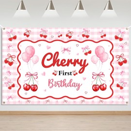 Mocsicka Cherry First Birthday Backdrop Banner for Girl 1st Birthday Cherry Theme Coquette Decorations Pink Bow Party Decor Cherry Birthday Party Decor