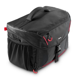 Hama Camera Bag for Digital SLR and System Cameras with Accessories, Holder for Camera Tripod, Tablet Compartment, Rain Cover, Padded, Carry Handle, Trolley Strap, Wipe-Clean Base, Black, red, Modern