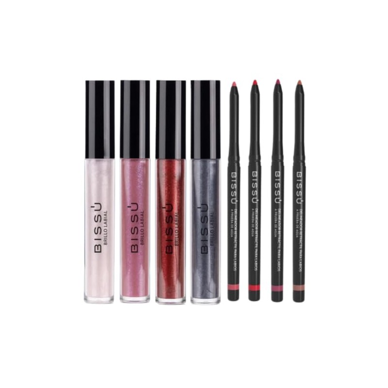 Kit Brillo Labial con Glitter y Delineador Retráctil (8 pzas)