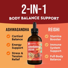 360 Nutrition Ashwagandha & Reishi Root Supplement Drops for Stress Relief, Stamina & Longevity, and Energy Support - Vegan Non-GMO Adaptogenic - 4 fl oz, 60 Servings