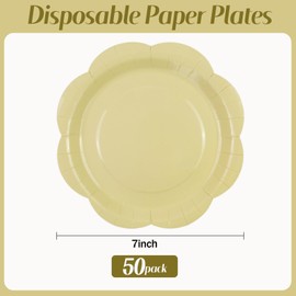 KFJBPB - Paquete de 50 platos de papel amarillos de 7 pulgadas, platos festoneados desechables para tartas de postre para cena, baby shower, boda, despedida de soltera, suministros para fiesta de
