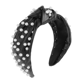 YISSION Pearl Knotted Headband Non Slip Leather Beaded Headbands for women Wide Jeweled Embellished Hairband Black Headband Hair Accessories for Women Girls (White Pearl)