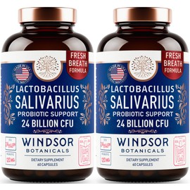 WINDSOR BOTANICALS Lactobacillus Salivarius Probiotic Capsules - L Salivarius Probiotic Oral Dental Probiotics for Bad Breath, Teeth and Gums Health and Immune Support - 24bn CFU, 2-Pack 120 Caps