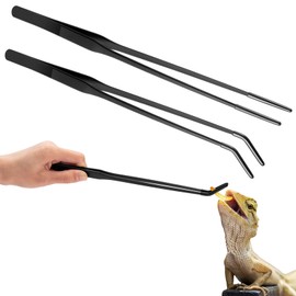 Lasnten 2 Pcs Extra Long Stainless Steel Reptile Feeding Tongs with Rubber Tip Bearded Dragon Aquarium Straight and Curved Long Tweezer Terrarium Feeder Tool for Tank(Black, 10 Inch, 10.5 Inch)