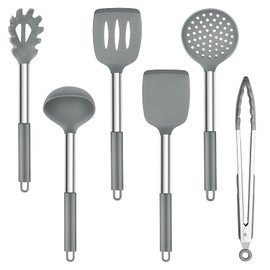 TEAMFAR Küchenhelfer Set, 6 Stück Silikon Küchenutensilien Kochbesteck mit Edelstahlgriff, Hitzebeständiger Pfannenwender Kochutensilien Set zum Kochen, Leicht zu Reinigen & Spülmaschinenfest, Grau