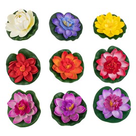 AUEAR, 9 Pack Artificial Floating Foam Lotus Flowers with Water Lily Pad for Pond Garden Aquarium Decoration