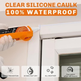 WELLUCK Clear Silicone Caulk, 100% Waterproof Caulking Silicone Sealant Flexible Cartridge Adhesive for Kitchen, Bathroom, Window, Door, Glass, Bathtub, Shower, RV, Auto Leak Sealing (10.2 OZ, 4Pack)