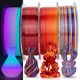 AMOLEN Silk PLA Filament Bundle 1.75mm, Silk Dual Color Red Black, Silk Red Gold, Silk Blue Red YellowGreen, Glow in The Dark Multicolor Rainbow PLA Filament, 3D Printing Filament Sets, 1kg x 4 Spools