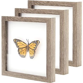 Super-Sturdy, Real Wood 8x8 Shadow Box Frame 3pk. Hardwood Display with Real Glass. Best Shadowbox to Showcase Photos, Tickets, Wedding Bouquets, CDs, Medals, Awards and Insects (3, Weathered Grey)