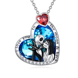LILALO Nightmare Necklace Sterling Silver Jack and Sally with Blue Heart Crystal Skull Necklace