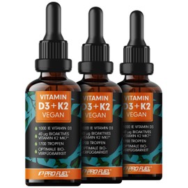ProFuel Vitamin D3 + K2 5100 Tropfen vegan - 1000 IE Vitamin D3 + 40 mcg K2 MK7 (Pharmaquinone?) - optimal hochdosiert & h?chste Bioverfgbarkeit - veganes Vitamin D3 (RAWD3?) - laborgeprft - 3x50ml