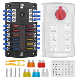 Jtron 12-Way Car Fuse Box 12 V with Fuse ATC/ATO Blade Fuse Holder LED Indicator Light Plastic Cover for Car Boat Marine RV